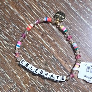 Little Words Project Stretch Bracelet NEW Celebrate Crystal Bead Goldtone ID Tag
